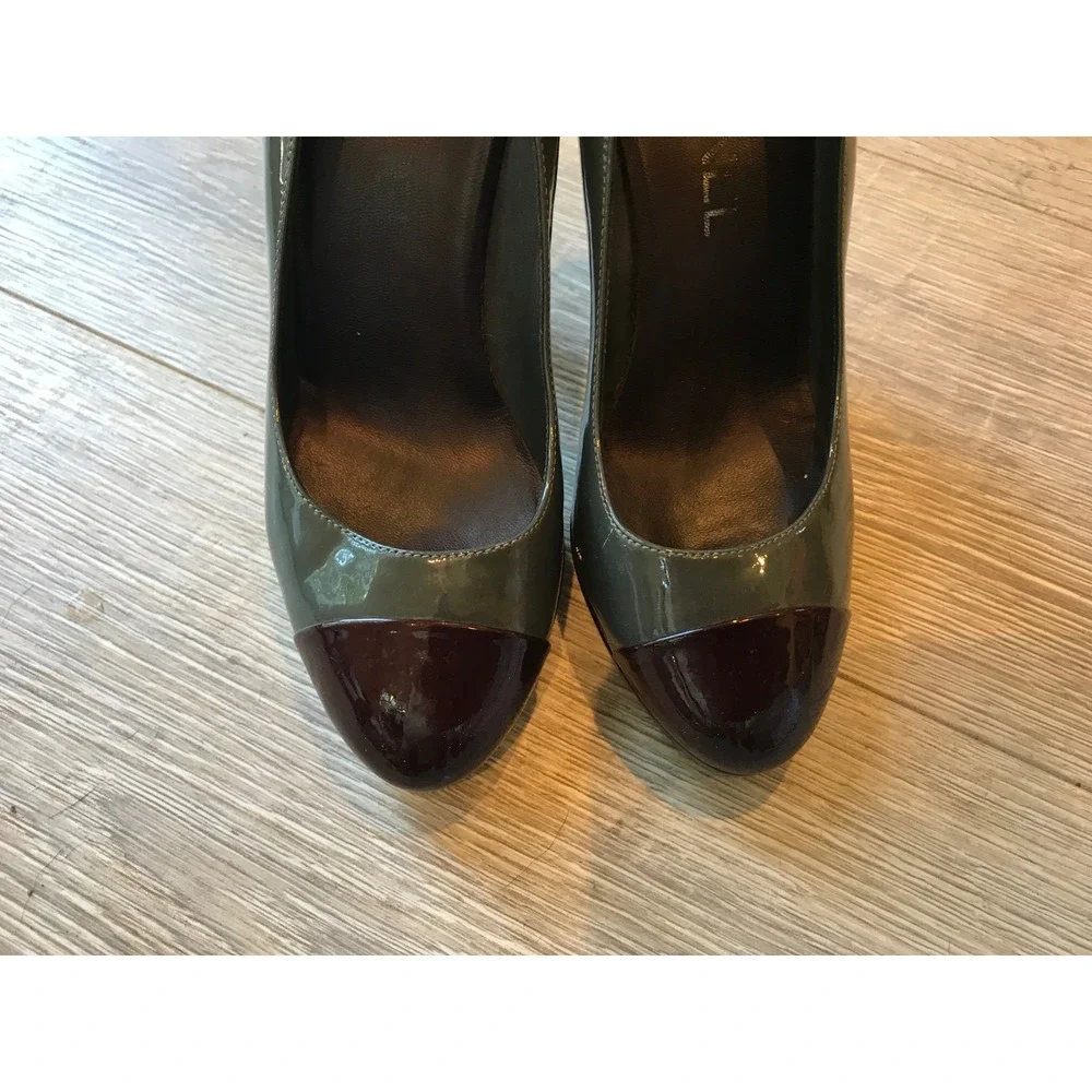 Chanel Patent Leather Cap Toe Platform Pumps Gray & Burgundy Made in Italy SZ 38